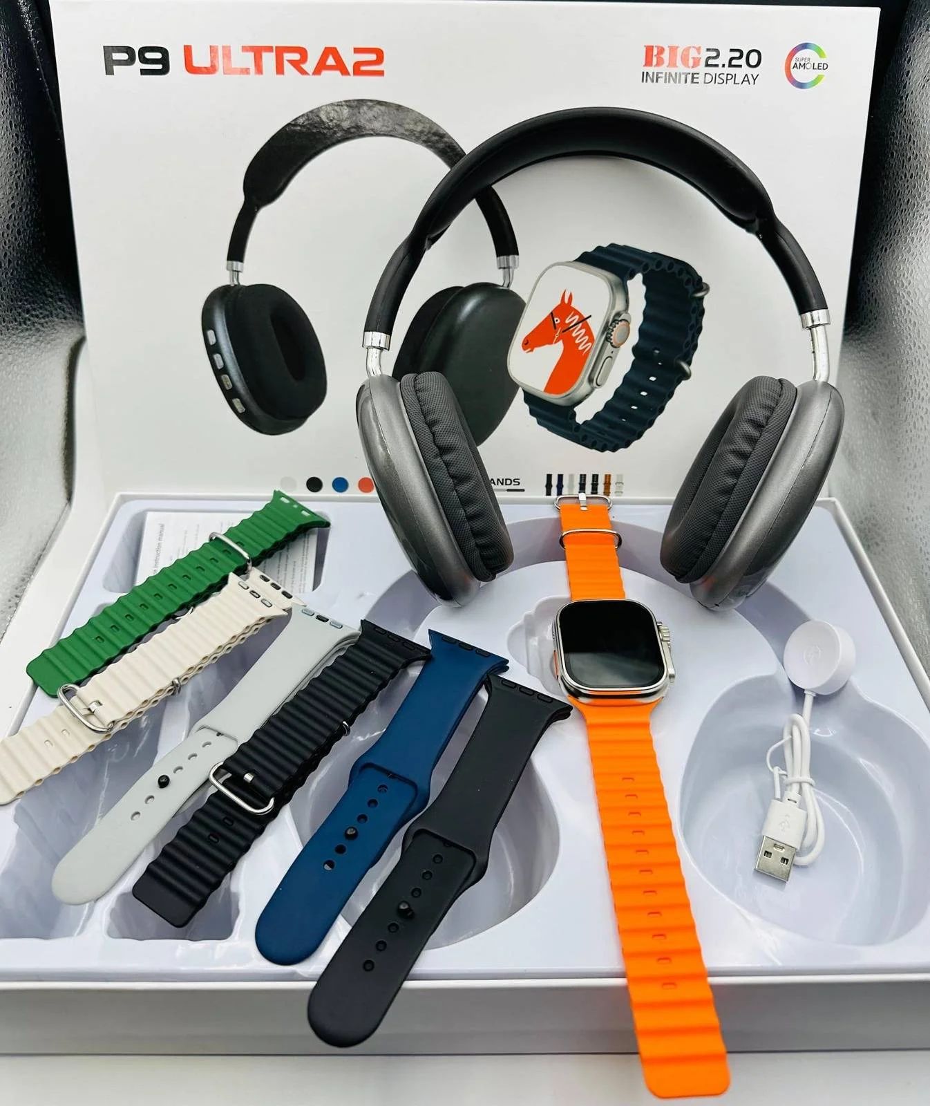 P9 Ultra 2 Smart Watch & Wireless Headphones Combo (7-in-1 Gift Pack)
