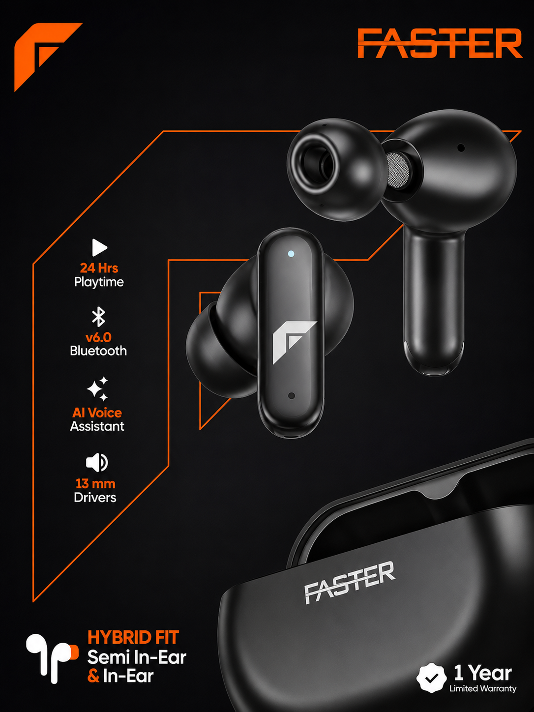 FASTER Hybrid Fit True Wireless Earbuds with Bluetooth 6.0 & 24 Hours Playtime
