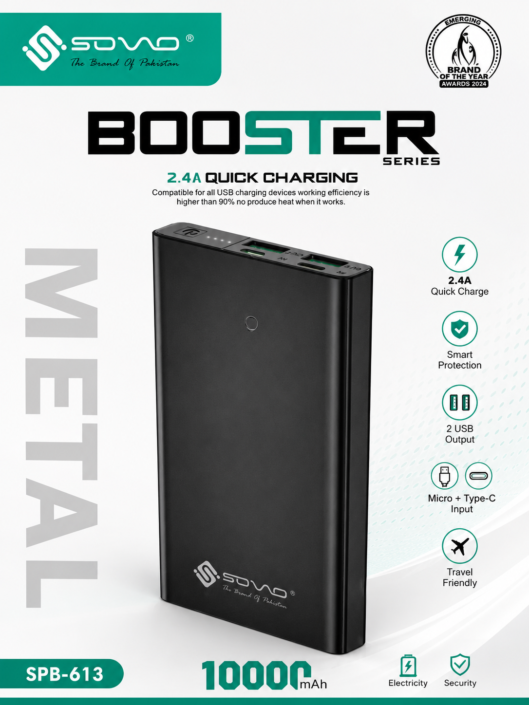 SOVO Booster SPB-613 10000mAh Power Bank – 2.4A Fast Charging