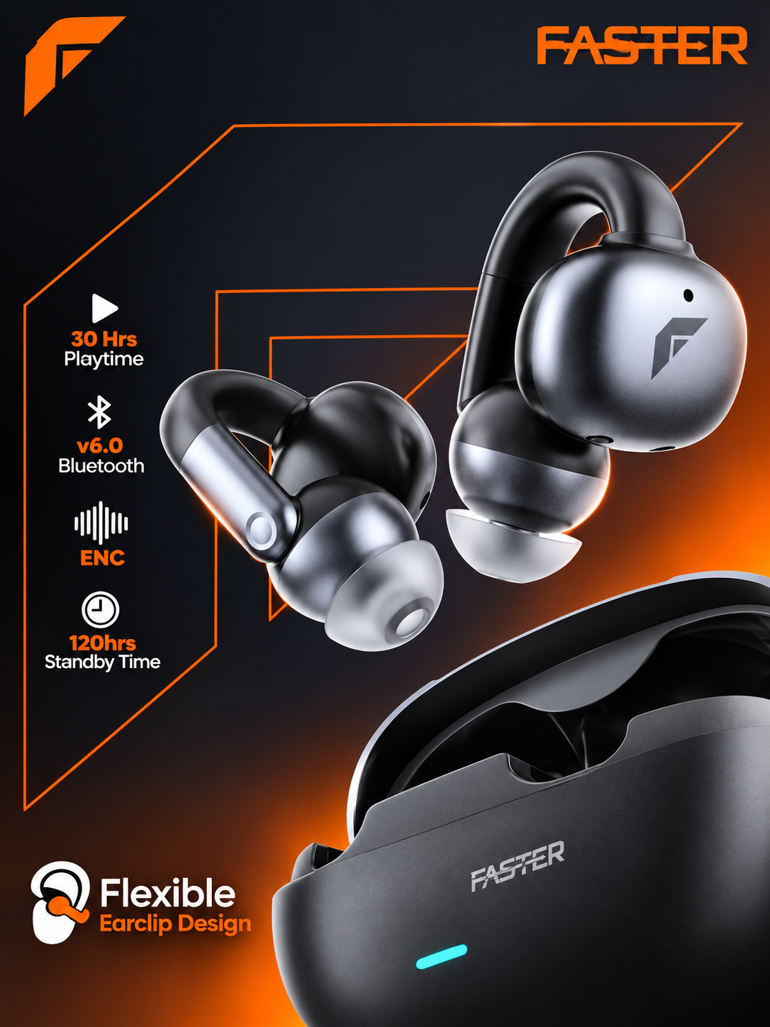 FASTER Flexible Earclip Wireless Earbuds with Bluetooth 6.0 & ENC