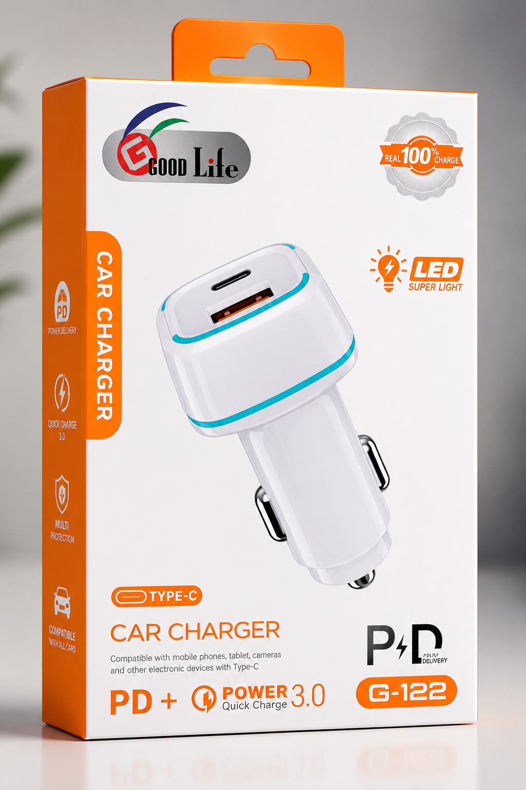 Good Life G-122 PD + QC 3.0 Type-C Fast Car Charger – Dual Port USB Car Adapter