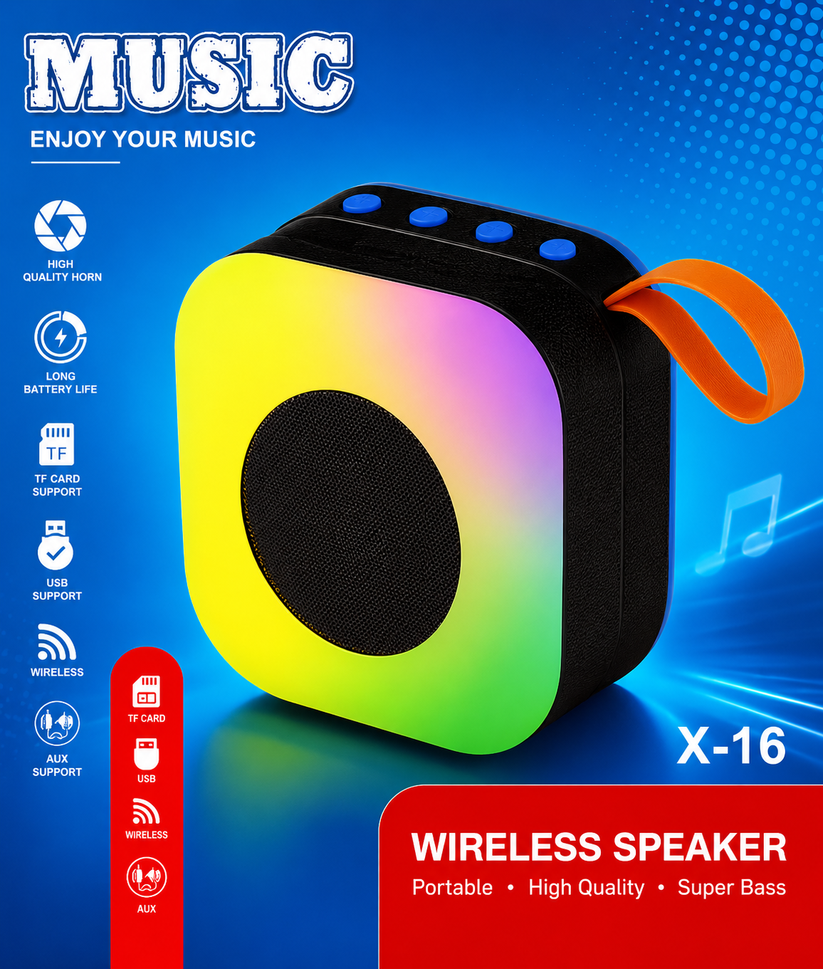 X-16 Portable Wireless Bluetooth Speaker – Mini Bass Speaker with TF Card, USB & AUX Support
