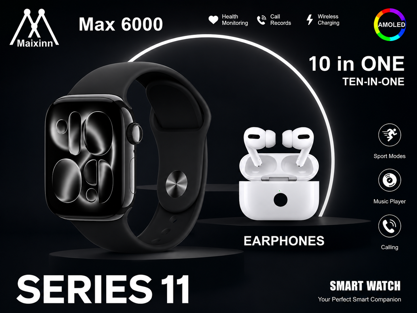 Maixinn Max 6000 Series 11 Smart Watch + Earbuds Combo