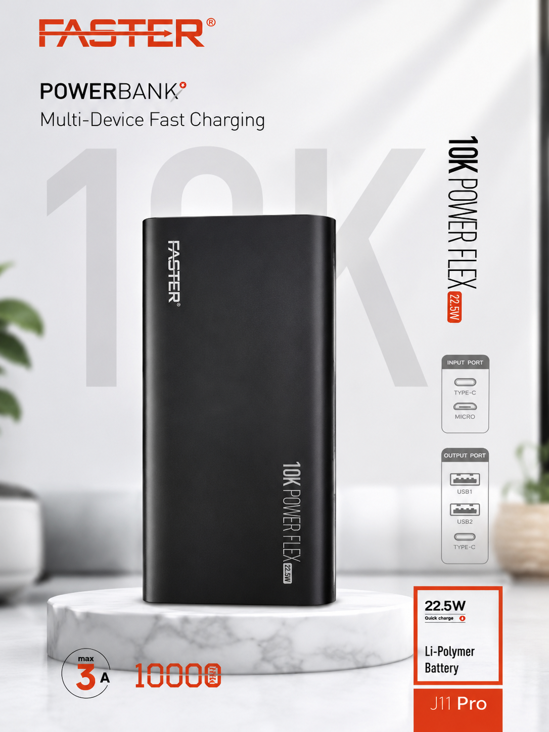FASTER PowerFlex J11 Pro 10000mAh 22.5W Fast Charging Power Ba