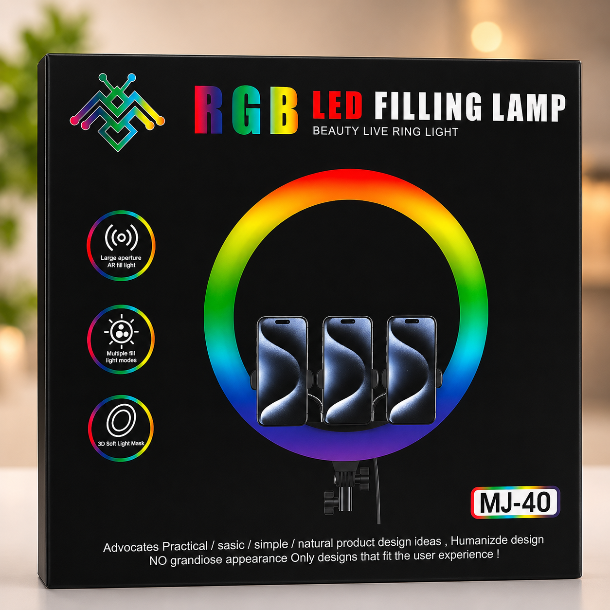 MJ40 RGB LED Beauty Ring Light with Triple Phone Holder