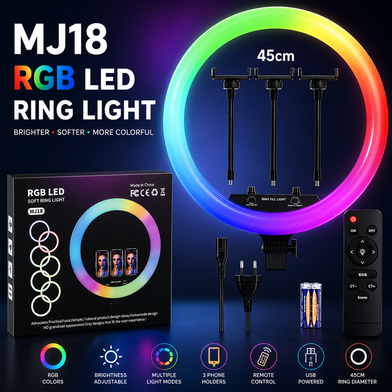 MJ18 45CM RGB LED Ring Light with Triple Phone Holder & Remote Control