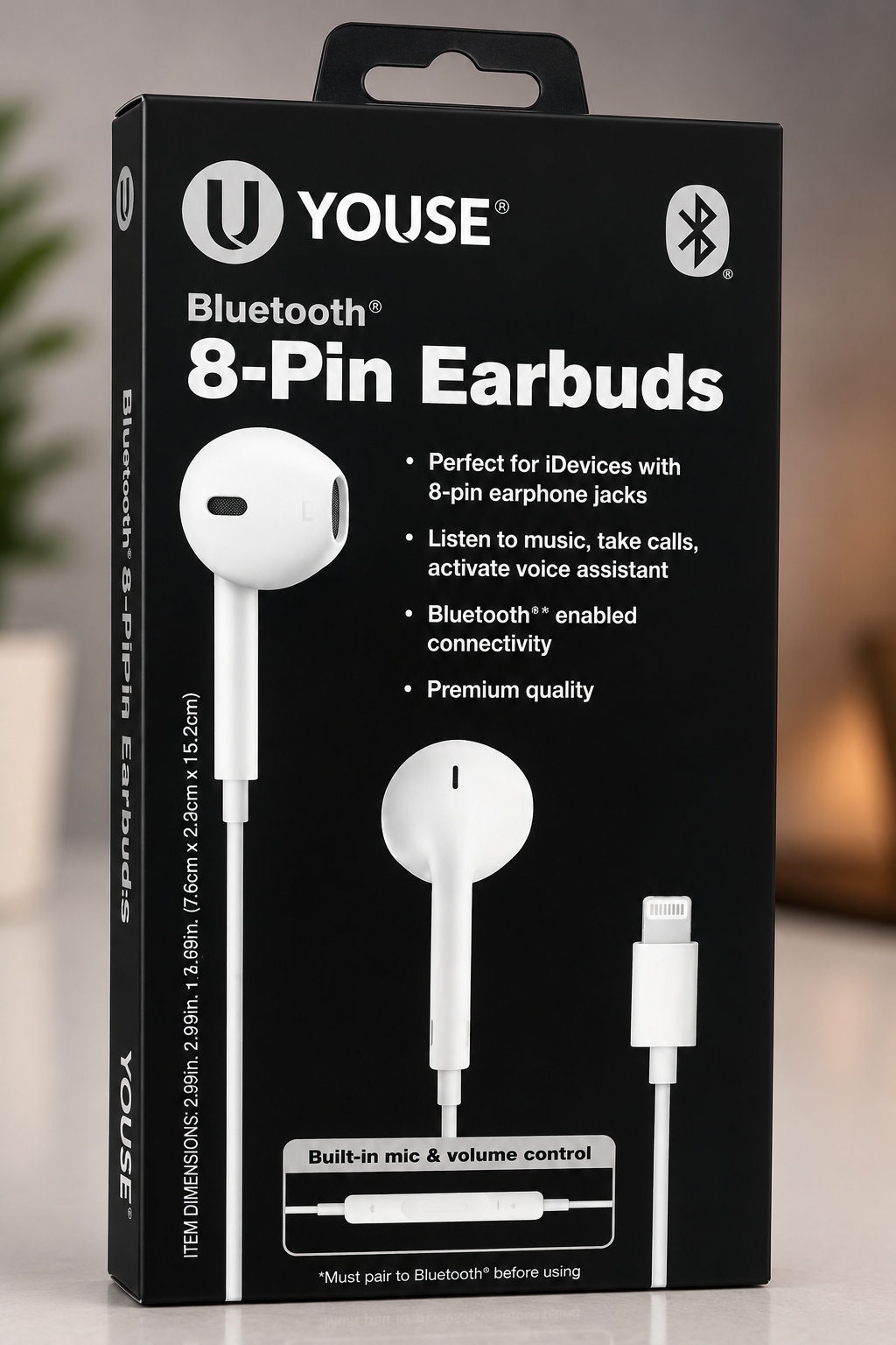 YOUSE Bluetooth 8-Pin Earbuds for iPhone – Lightning Earphones with Mic & Volume Control