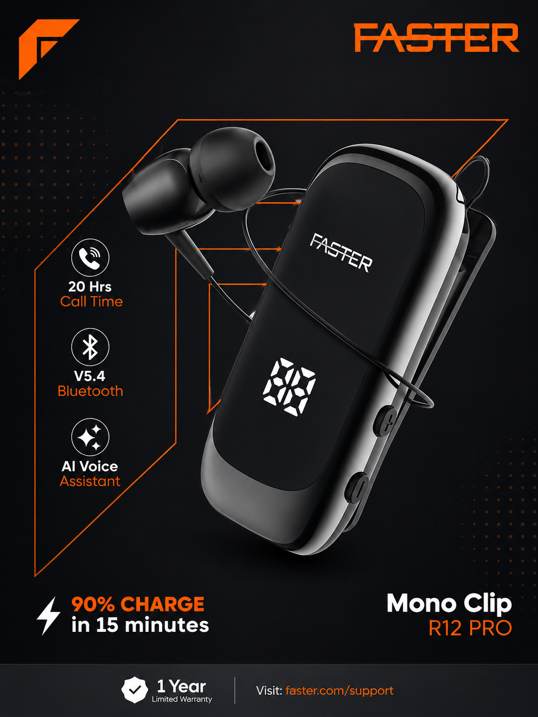 FASTER R12 Pro Mono Bluetooth Earphone with Charging Case