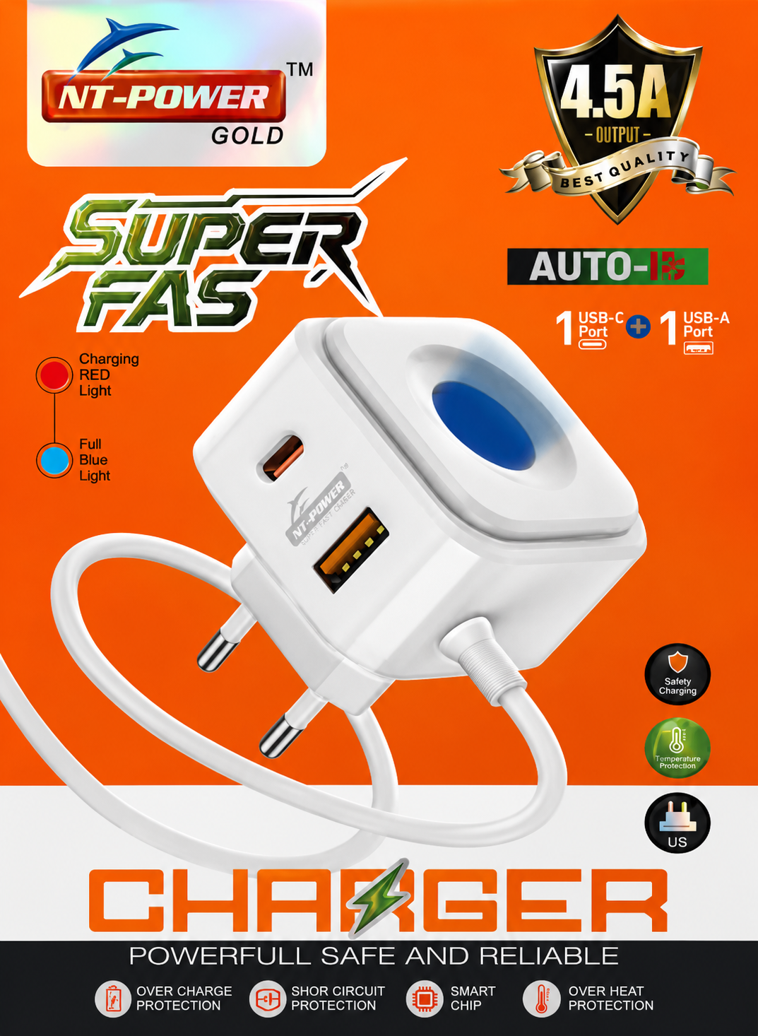 NT-Power Gold Super Fast 4.5A Dual Port Fast Charger – USB-C + USB-A Smart Wall Charger