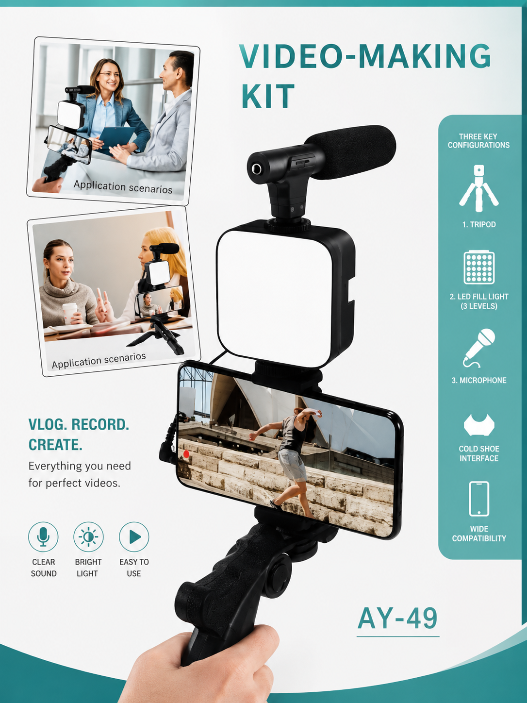 AY-49 Professional Smartphone Video Making Kit – Vlogging Kit with Microphone, LED Light & Tripod