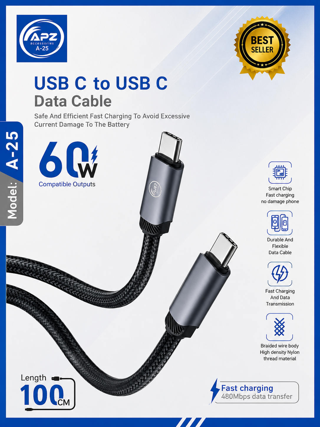 APZ A-25 USB-C to USB-C Fast Charging Data Cable – 60W PD Type-C Cable (100cm)