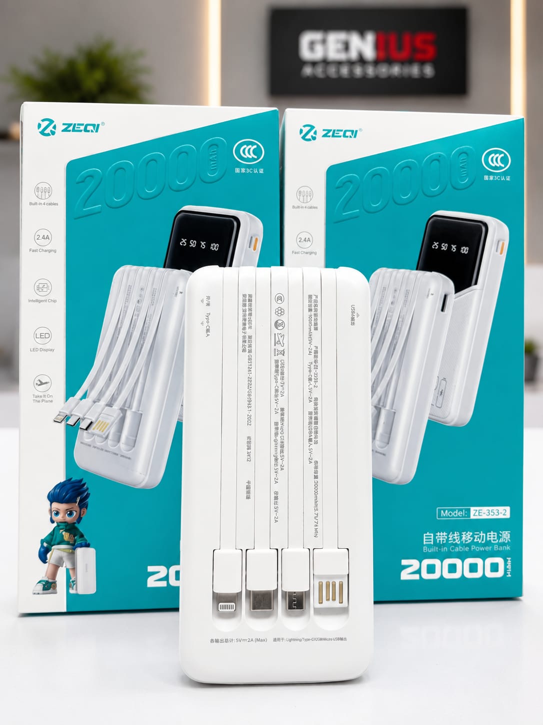 ZECI ZE-353-2 20000mAh Power Bank with Built-in 4 Charging Cables & LED Display