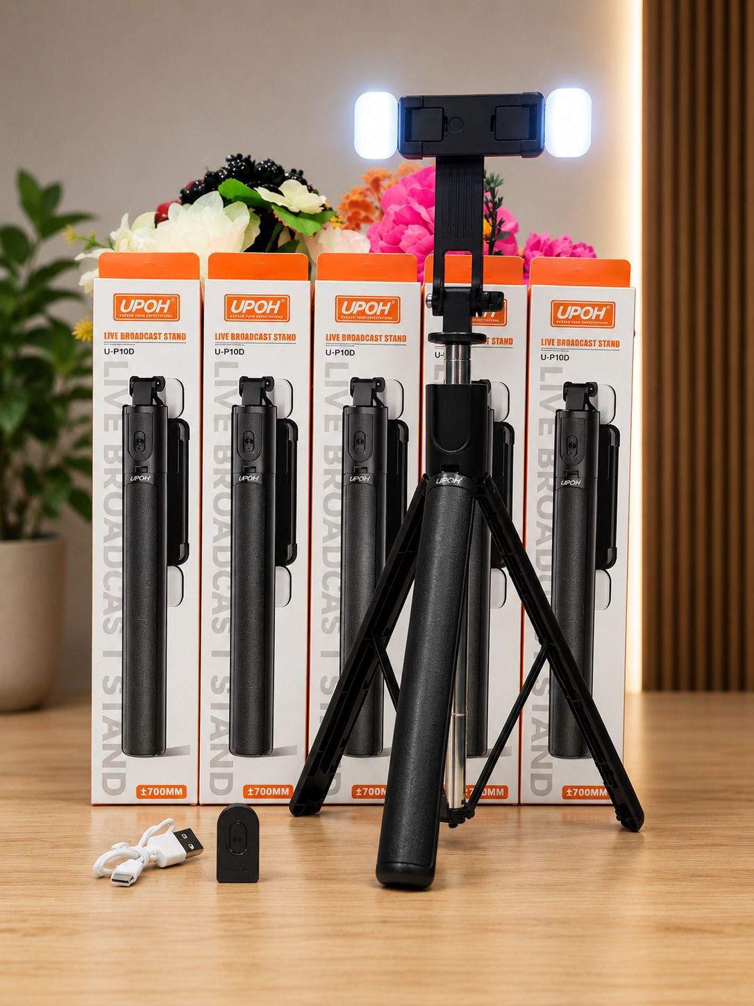 UPOH U-P10D Bluetooth Selfie Stick Tripod with Dual LED Fill Lights & Remote