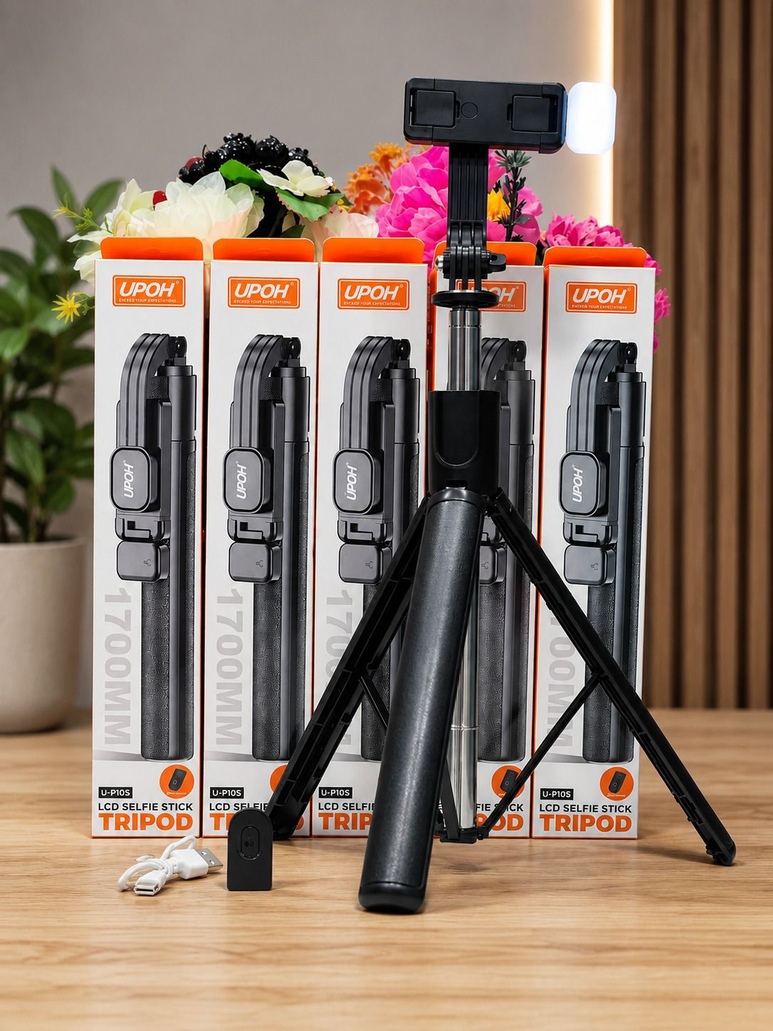 UPOH U-P10S LCD Bluetooth Selfie Stick Tripod with LED Fill Light & Wireless Remote