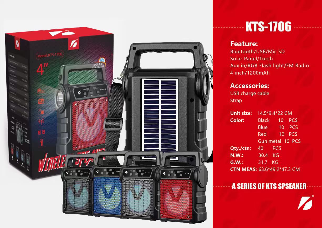 KTS-1706 Solar Rechargeable Bluetooth Speaker with FM Radio & LED Torch