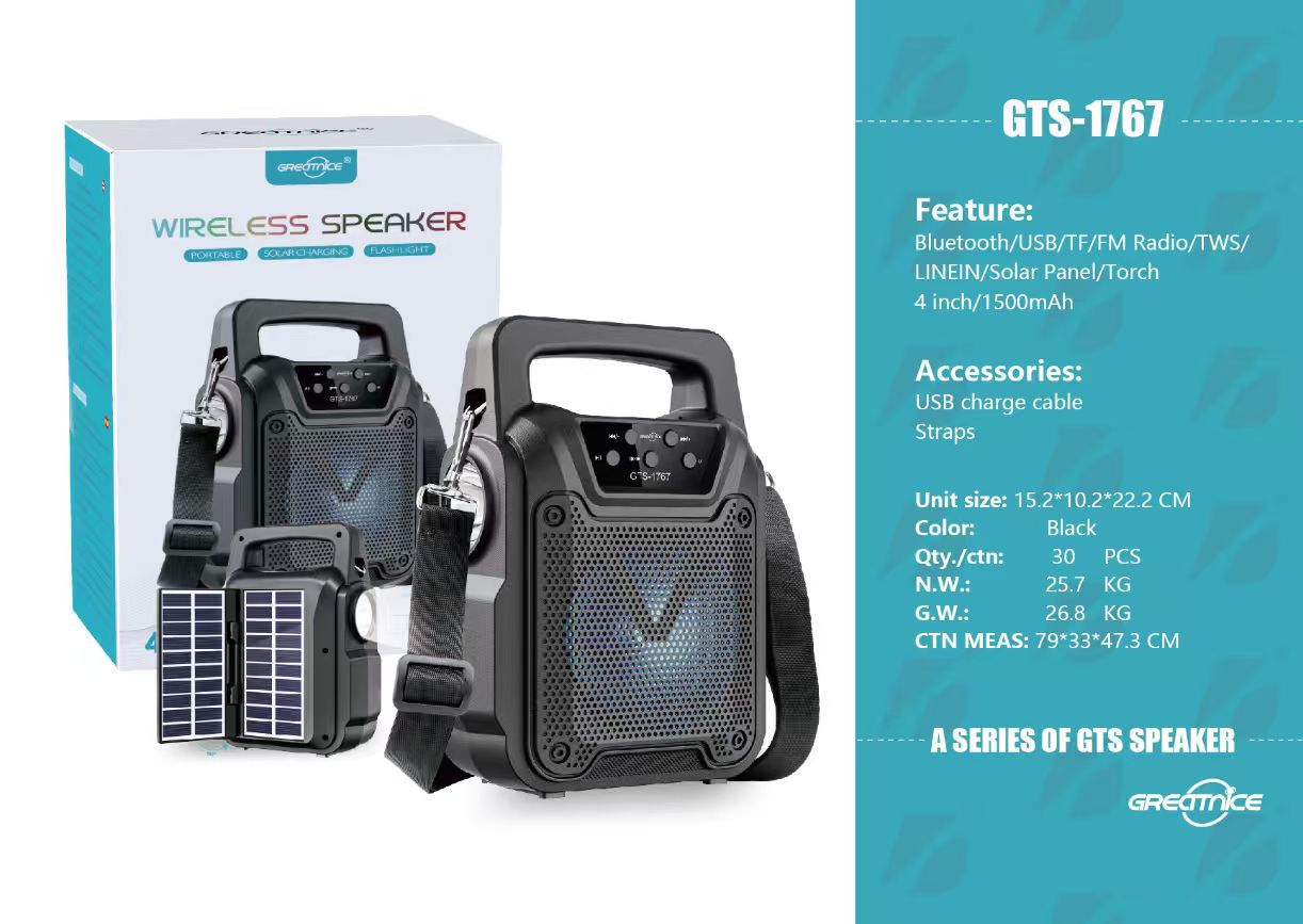 GTS-1767 Solar Rechargeable Bluetooth Speaker with TWS, FM Radio & LED Torch