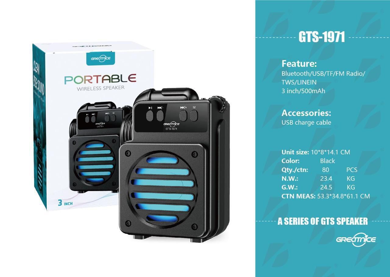 GTS-1971 Portable Wireless Bluetooth Speaker – 3 Inch Mini Speaker with FM, USB, TF Card & TWS