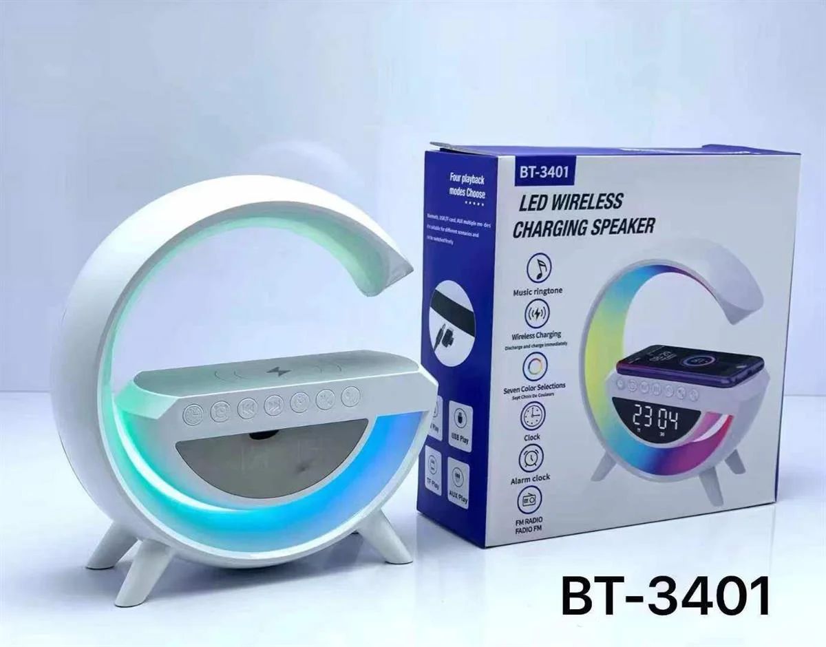 BT-3401 LED Wireless Charging Bluetooth Speaker – RGB Night Light, Alarm Clock & FM Radio