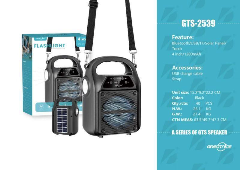 GTS-2539 Portable Bluetooth Speaker with Solar Panel, Flashlight & USB/TF/FM Support