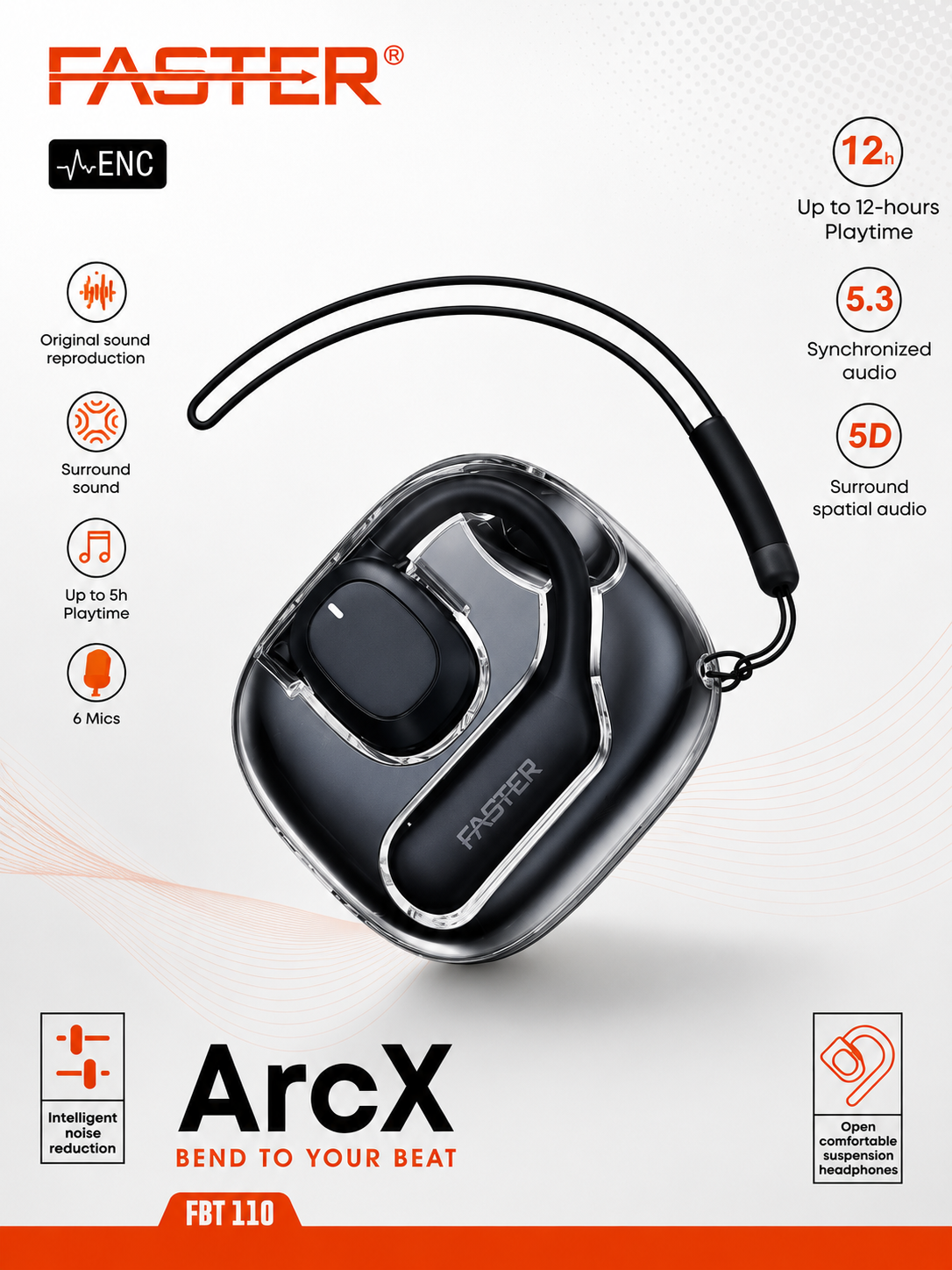 FASTER ArcX FBT 110 Open-Ear Wireless Earbuds with ENC & Bluetooth 5.3