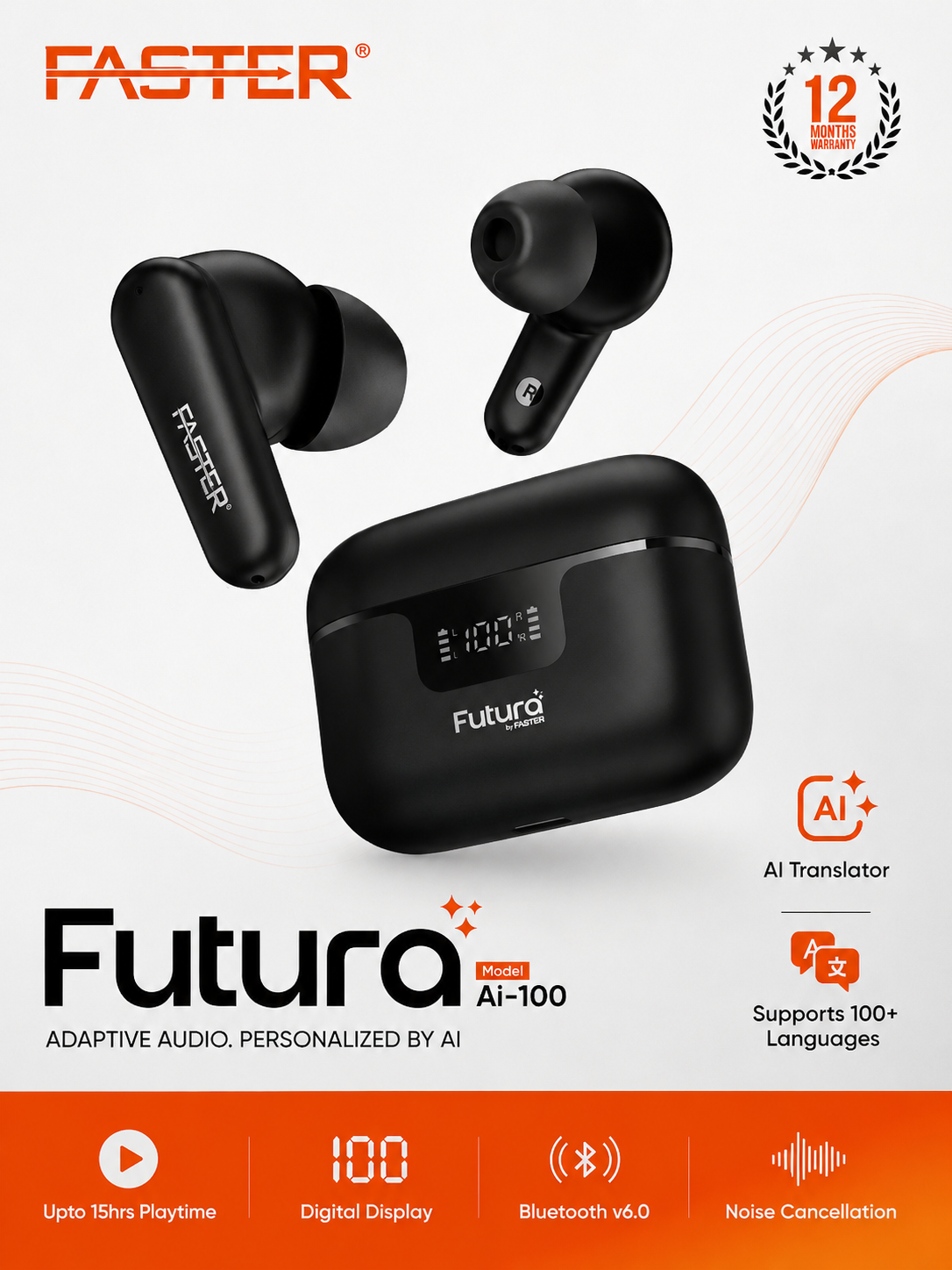 FASTER Futura AI-100 TWS Earbuds with AI Translator & Bluetooth 6.0