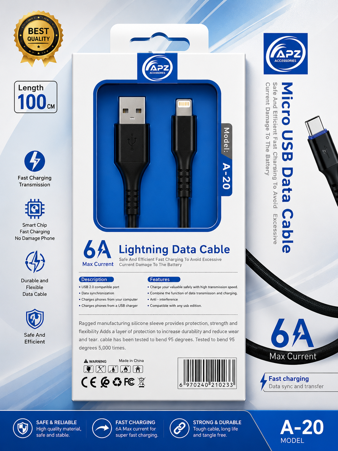 APZ A-20 Lightning Fast Charging Data Cable – 6A High-Speed USB to Lightning Cable (100cm)