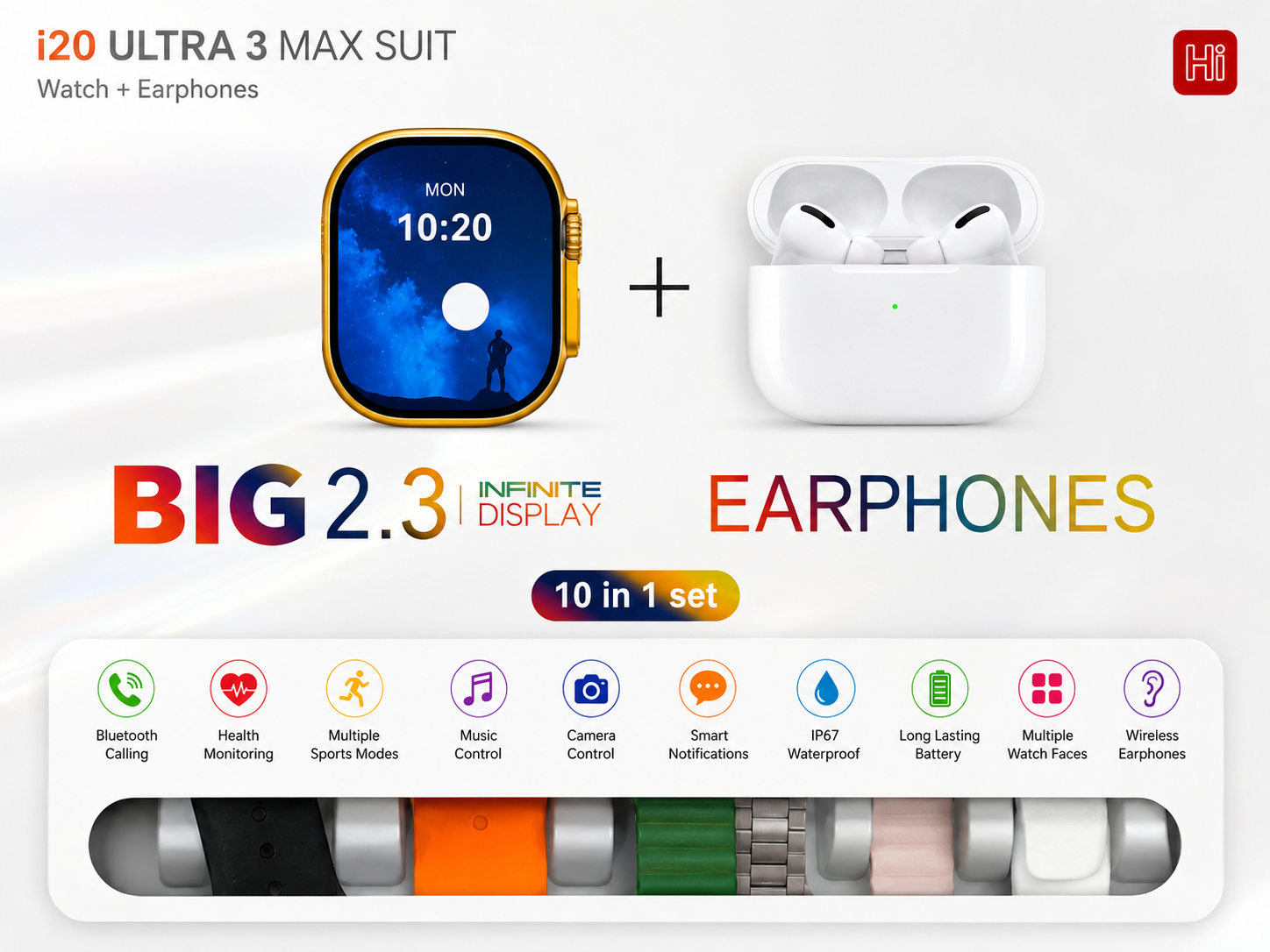 i20 Ultra 3 Max Suit Smart Watch + Wireless Earbuds Combo