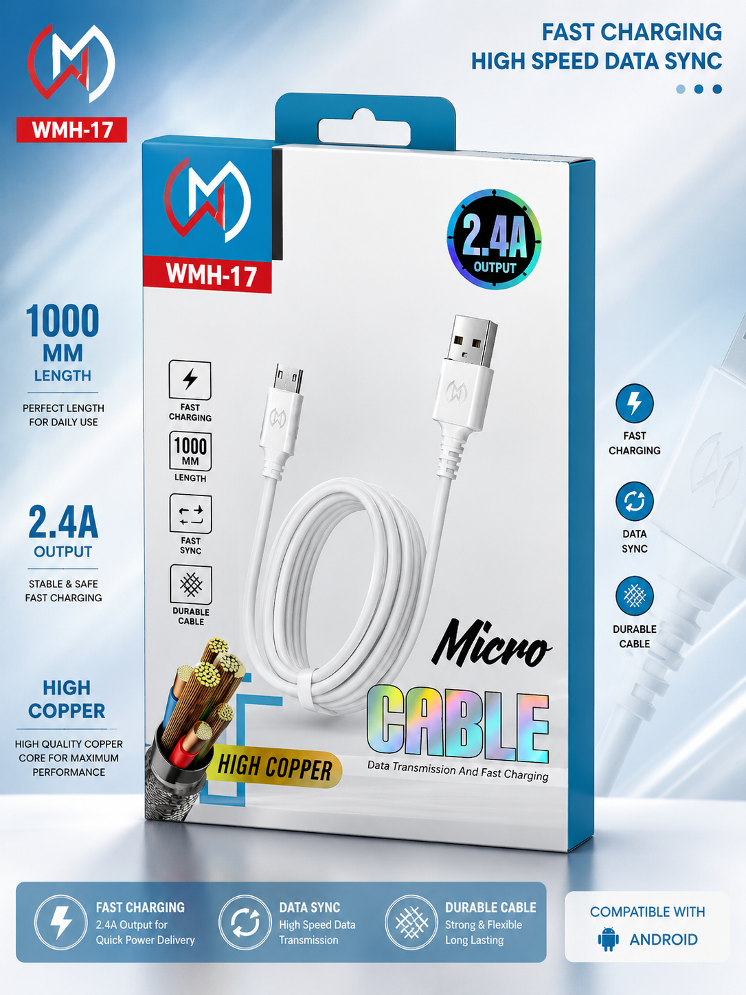 WMH-17 Micro USB Fast Charging Data Cable – 2.4A High-Speed Sync Cable (1000mm)