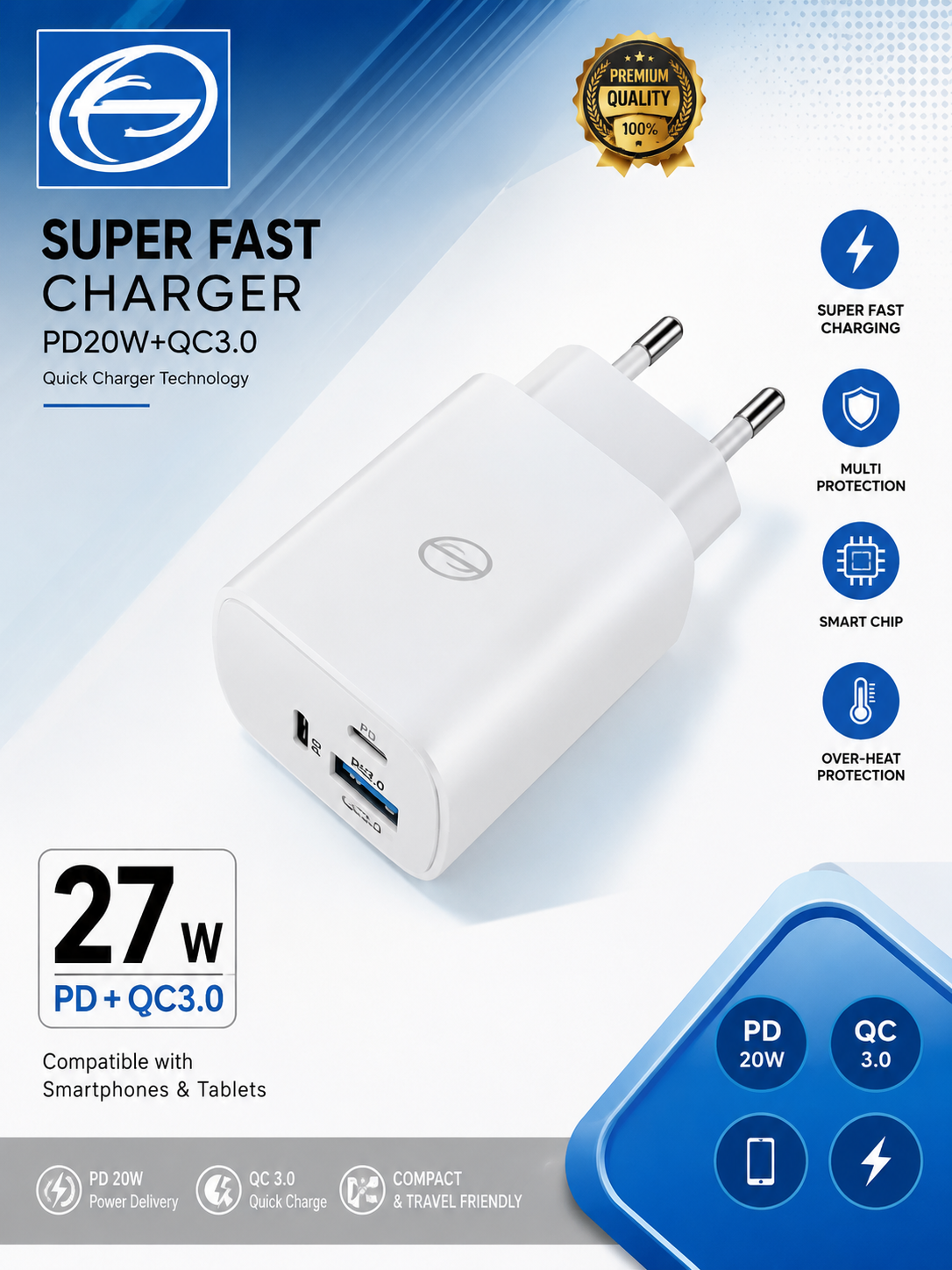 27W PD + QC 3.0 Super Fast Charger – Dual Port USB-C & USB-A Fast Charging Adapt